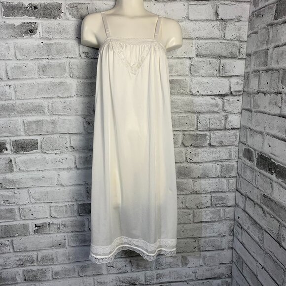 Vintage 90s Satin Lace Trim Hem Square Neck Midi Slip Lingerie Dress Nightgown - Picture 1 of 14